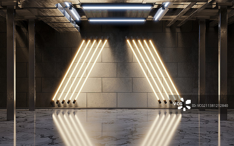 黑暗室内霓虹灯光3D渲染图片素材