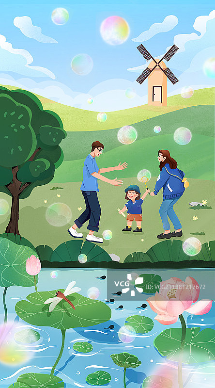 插画夏日荷花池塘边吹泡泡过六一儿童节图片素材