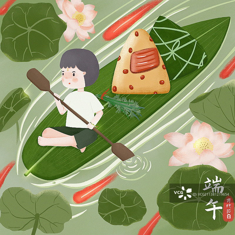 端午节在河面载着粽子泛舟的男孩图片素材