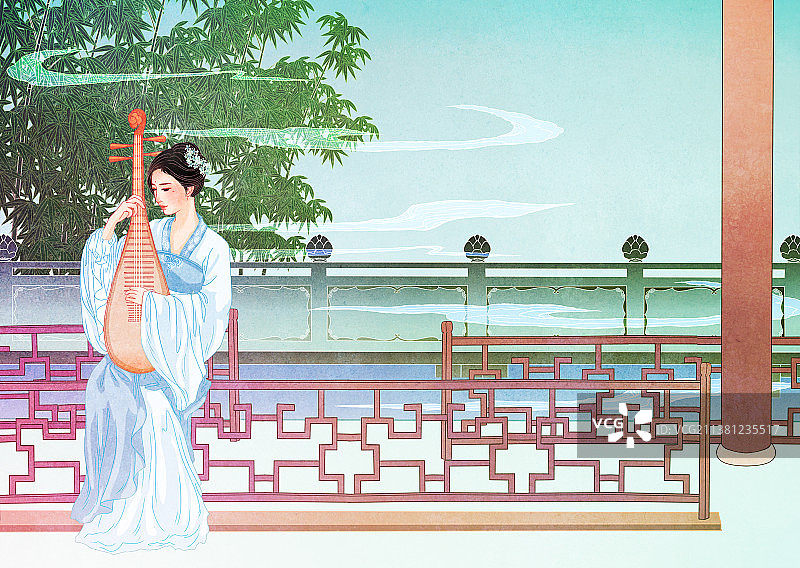 中国国风国潮新中式古代古风汉服少女背景展板插图图片素材