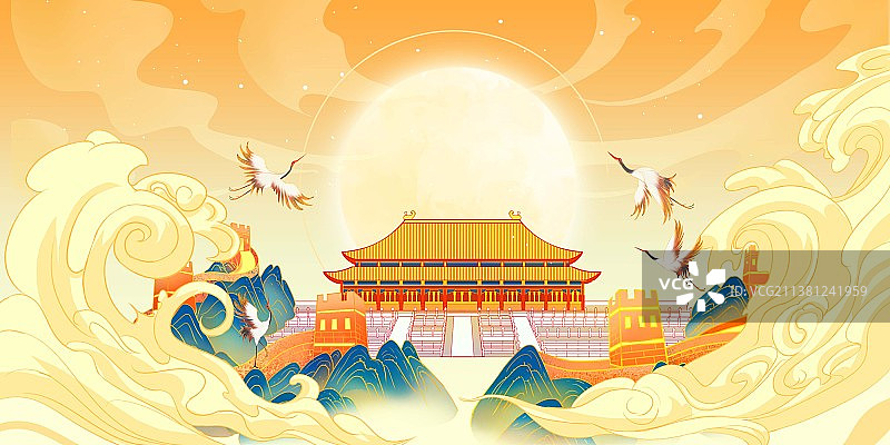 中秋节国庆节中国风插画海报图片素材