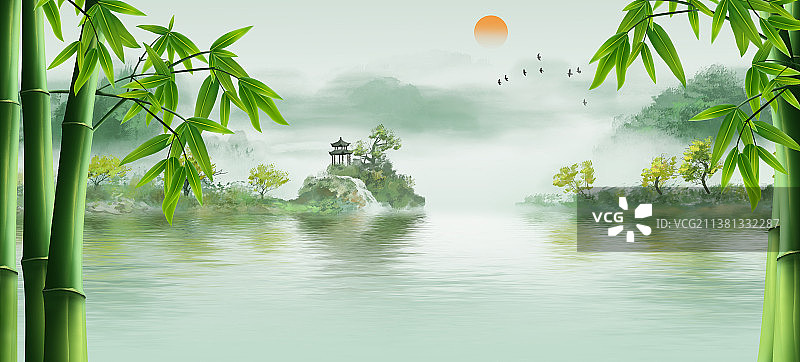 中国风绿竹竹叶端午节山水画插画背景图片素材