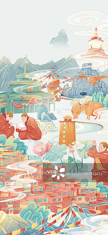 色达城市插画红房子藏传佛教图片素材