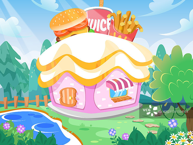 矢量插画儿童教育汉堡屋森林汉堡包薯条果汁图片素材
