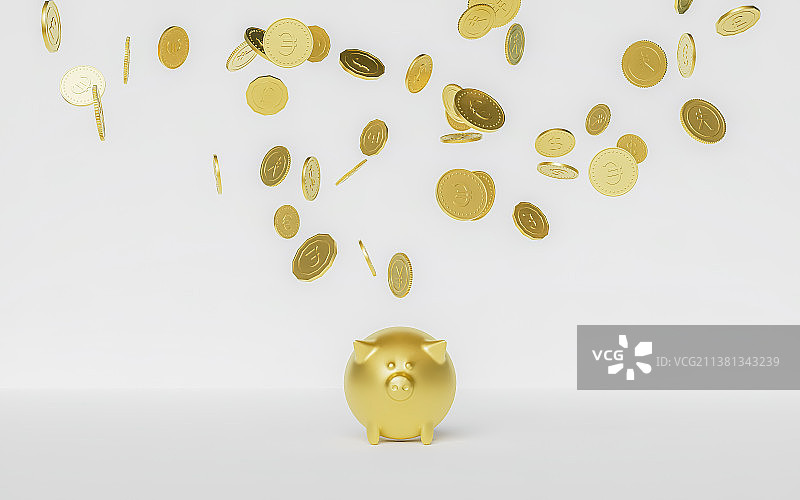 钱币掉落进小猪存钱罐图片素材