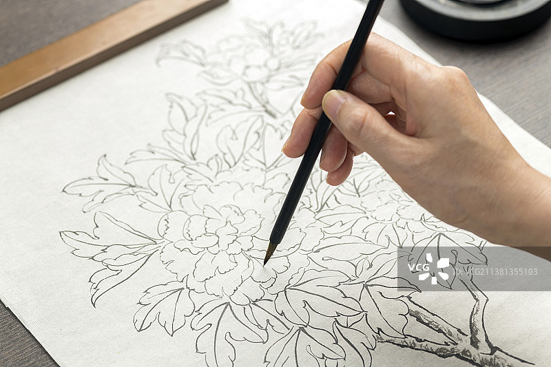 女性手正在绘制工笔牡丹白描线稿图片素材