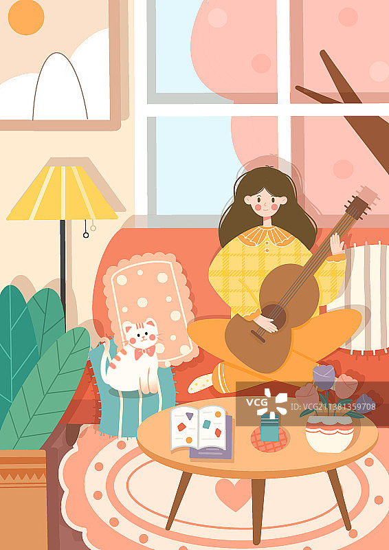 卧室弹吉他居家女孩扁平风室内插画图片素材