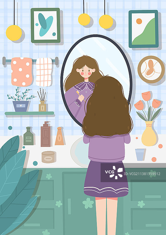 洗手台刷牙女孩扁平风治愈插画图片素材