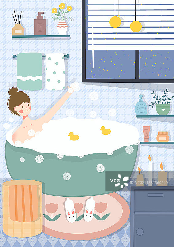 浴室泡澡女孩扁平风室内插画图片素材