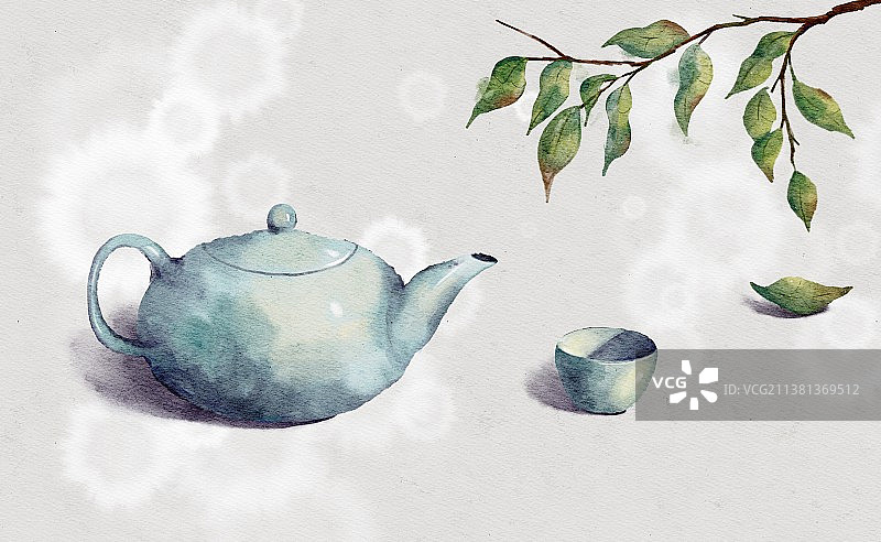 茶具和树叶禅意水彩插画图片素材