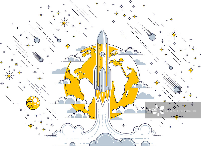 火箭发射到有行星的未知空间图片素材