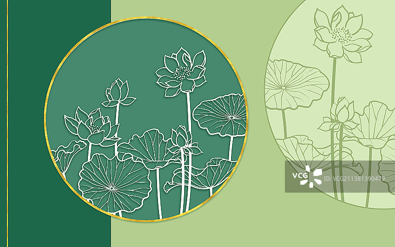 国风绿底荷花线描图图片素材