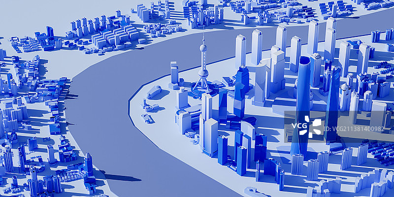 3D蓝色上海城市建筑插画图片素材