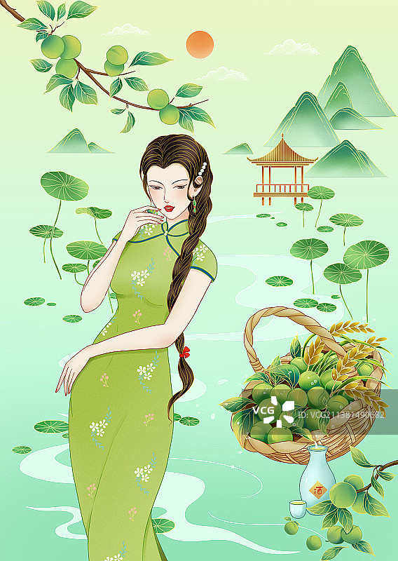 国风旗袍美人节气插画图片素材