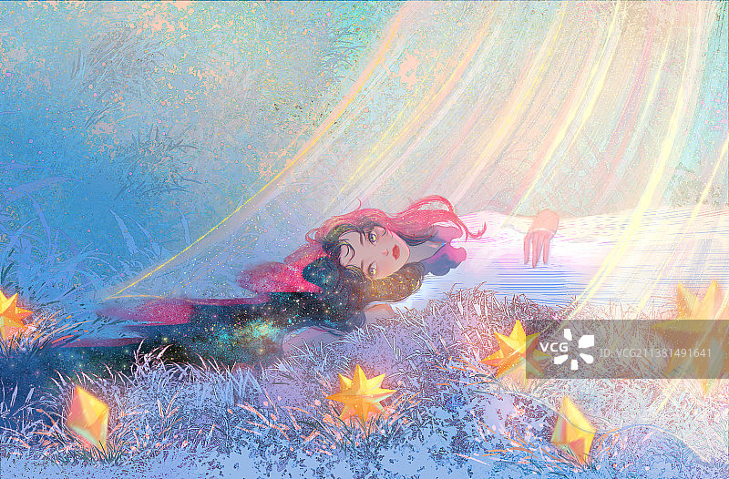少女躺在草地望着星星插画图片素材