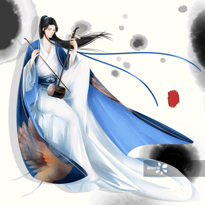中国风水彩古风男性拉二胡插画-GIF动图图片素材