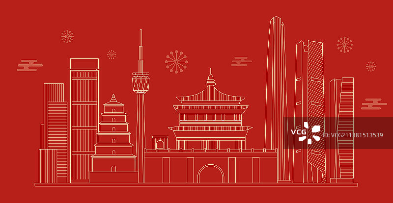 西安地标建筑线条插画图片素材