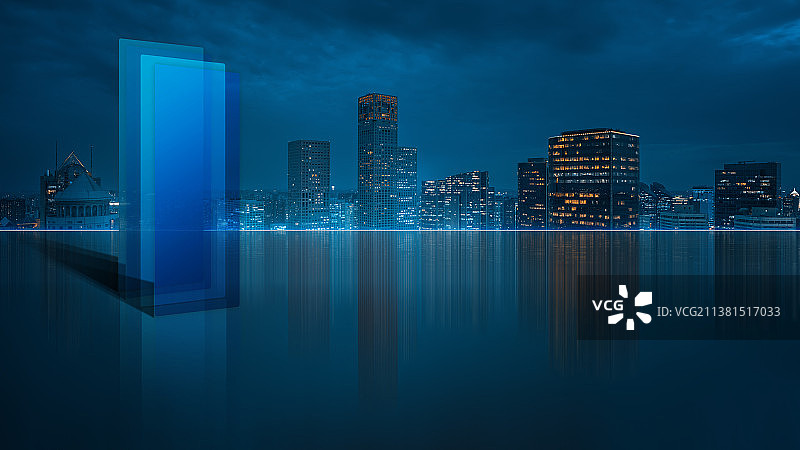 蓝色北京国贸CBD水面上的发光玻璃图片素材