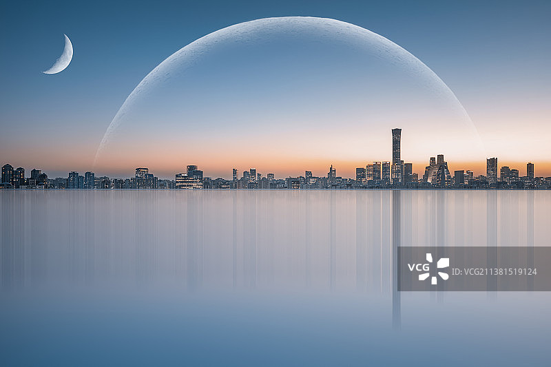 北京国贸CBD上空的月亮图片素材