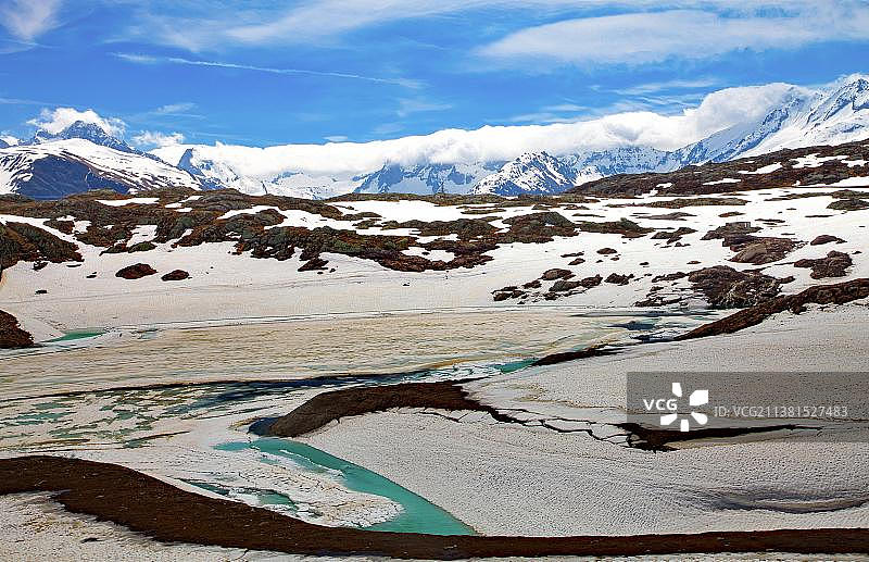 冬季格里姆瑟尔湖全景，山地世界，格里姆瑟尔山口，瓦莱州，瑞士，欧洲图片素材
