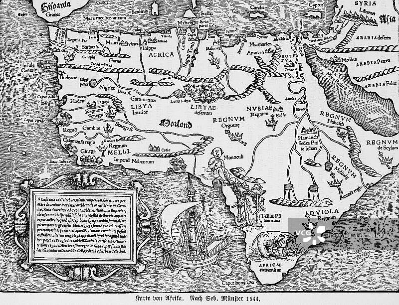 非洲地图，1544年，16世纪，塞巴斯蒂安·明斯特，装饰品，红海，大西洋，地中海，尼罗河源头，利比亚，阿特拉斯山脉，塞内加尔，大象，王国，符号，亚历山大，突尼斯，1885年历史插图，非洲图片素材