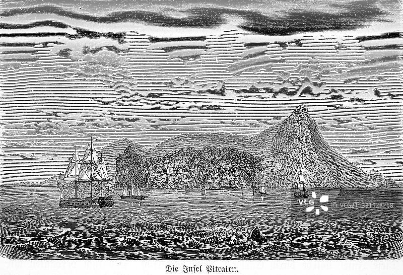 皮特凯恩群岛,南太平洋,英国海外领土,山脉,村庄,帆船,火山活动,托马斯·库克,探险家,旅行,1885年历史插图,皮特凯恩群岛,大洋洲图片素材