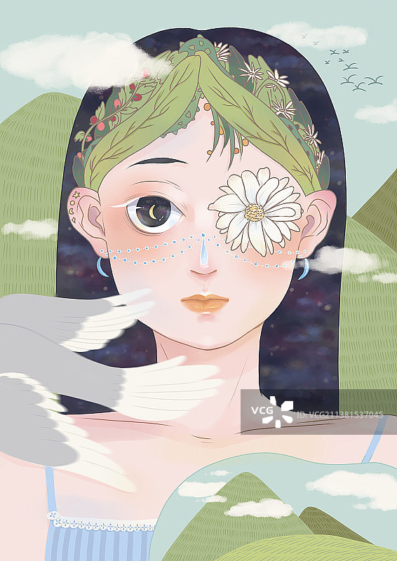 融入自然的女孩清新风插画图片素材