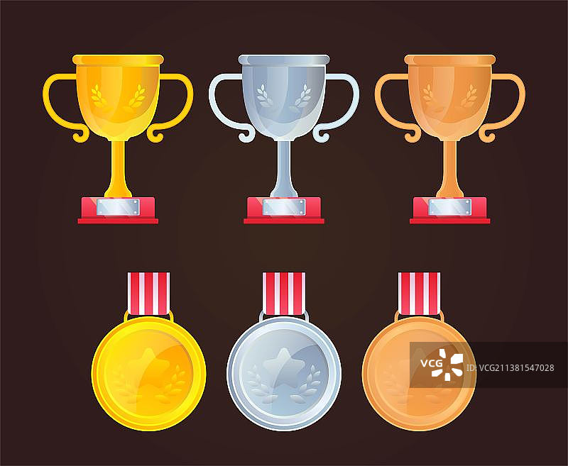 手绘金银铜奖杯奖牌插画图片素材