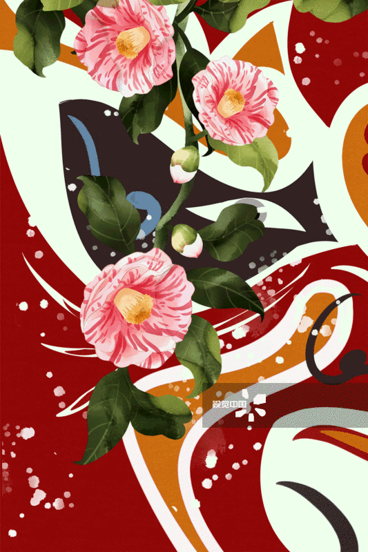 中国风水彩红色脸谱插画背景-GIF动图图片素材