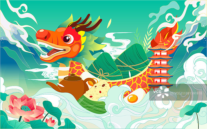 五月初五端午节快乐卡通粽子赛龙舟国潮插画图片素材