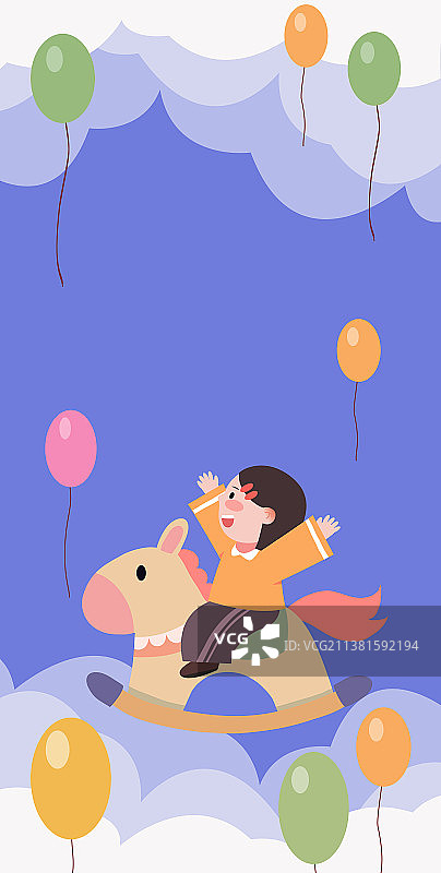 六一儿童节小女孩坐木马气球图片素材