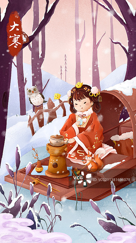 大寒古风女孩坐在船上喝茶赏雪图片素材
