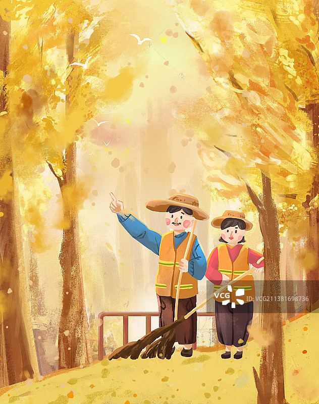 环卫工人们在秋天快乐工作图片素材