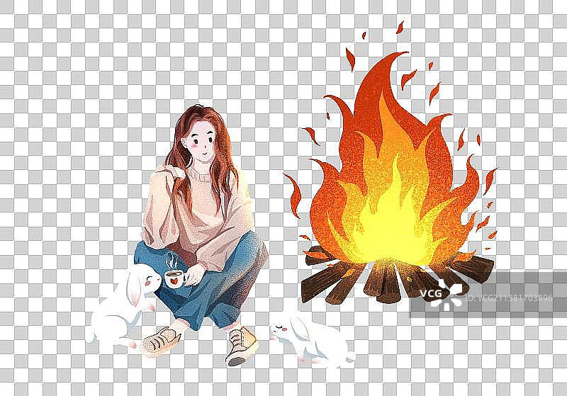 篝火旁的女孩图片素材