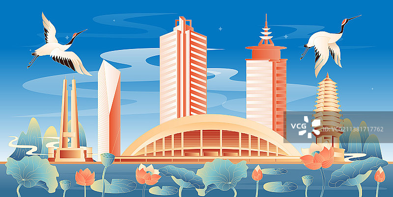 唐山地标建筑国潮插画图片素材