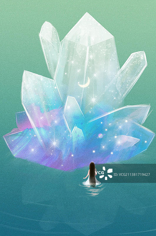 梦境中大海里的少女和禁锢星空的水晶宝石图片素材
