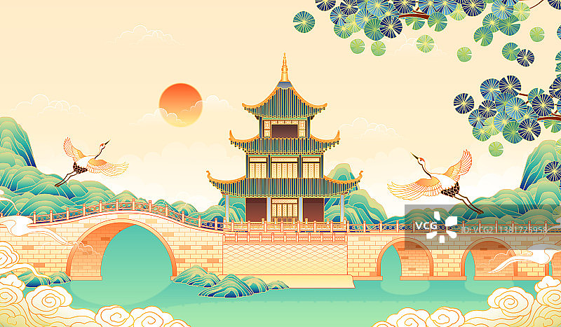 贵州贵阳甲秀楼建筑矢量插画图片素材