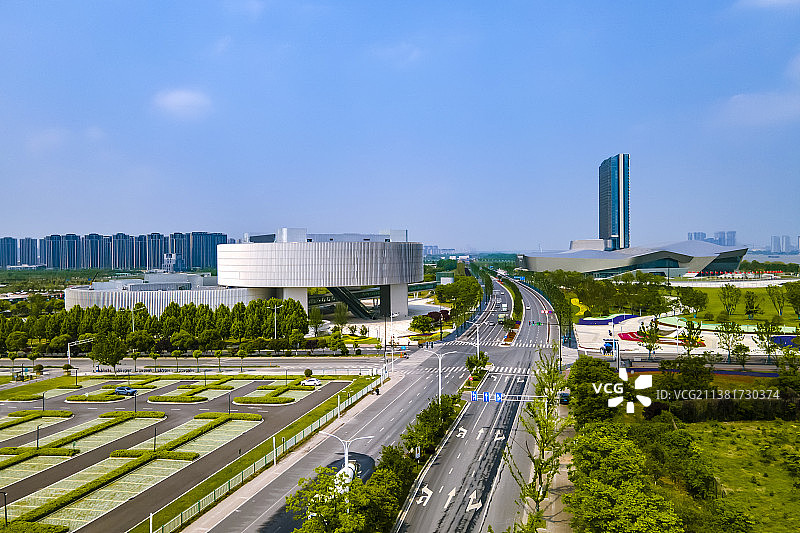 航拍南京江北新区扬子江国际会议中心和江北市民中心图片素材
