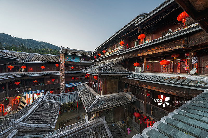 福建省龙岩市永定区福建土楼民俗文化村土楼中的“布达拉宫”——奎聚楼（福建土楼永定景区）内景图片素材
