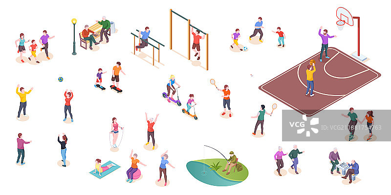 公园里进行运动的人们2.5D模型图片素材