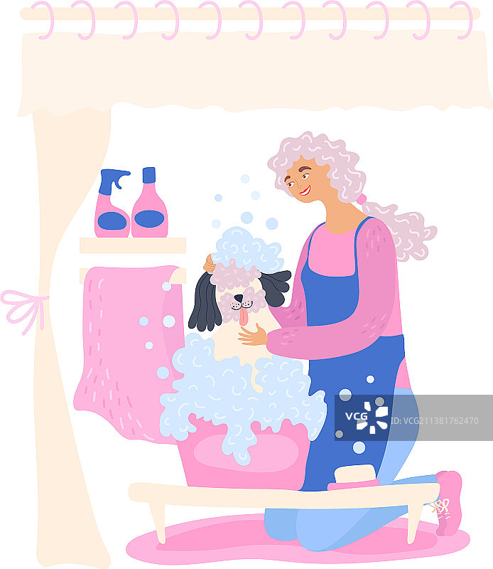 卡通青年女子照顾宠物狗图片素材