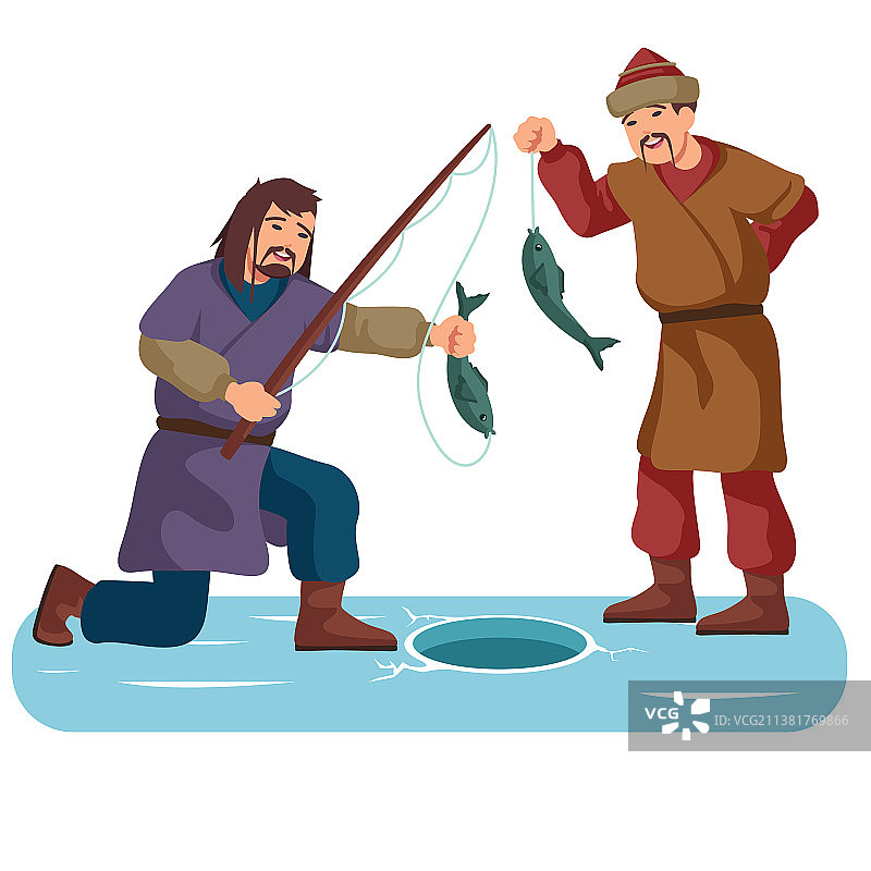 两名男子在冰上钓鱼图片素材