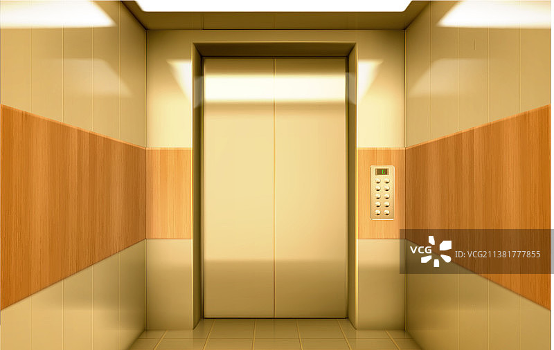 金色电梯轿厢内部，门已关闭图片素材