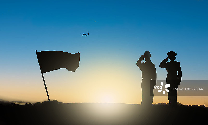 夕阳下男子女子对着旗帜行军礼，建党图片素材