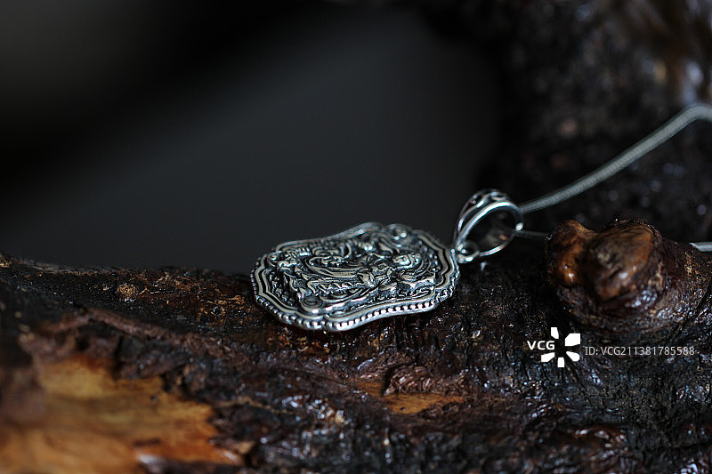 一块枯木上放着一只银色吊牌图片素材