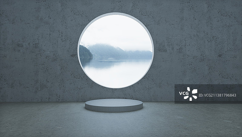 3d渲染背景水泥材质房间圆形窗口图片素材