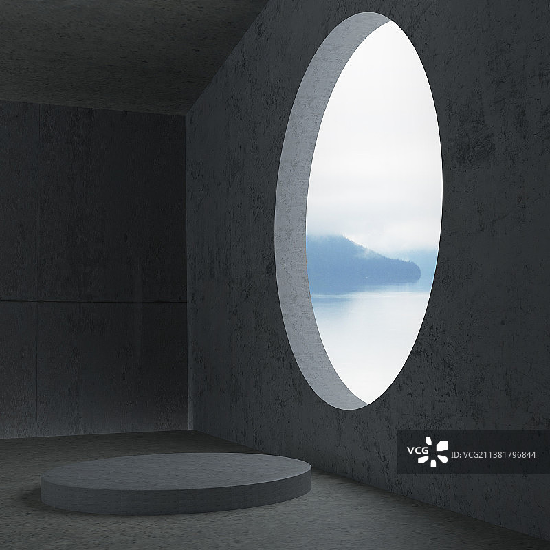3d渲染背景水泥材质房间圆形窗口图片素材