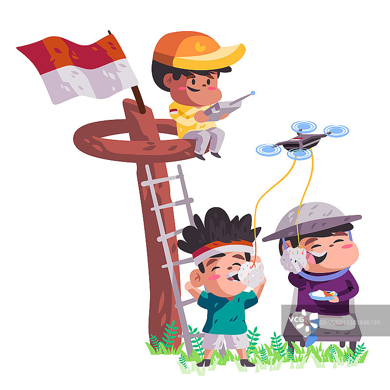 男孩们吃印尼虾片参加比赛，孩子们在攀爬图片素材