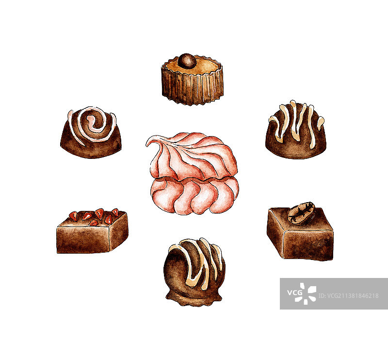 水彩甜点套装：糕点和棉花糖图片素材