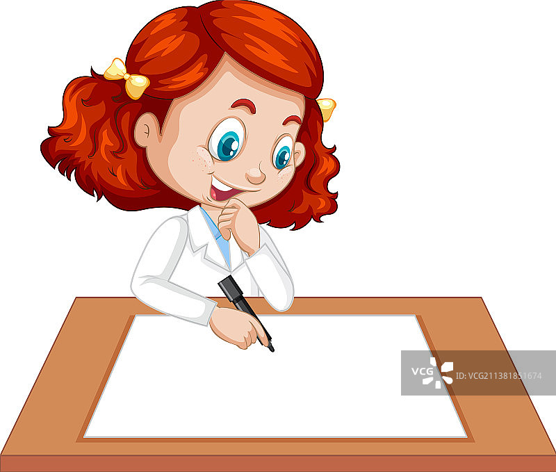 可爱的女孩穿着科学家制服书写图片素材